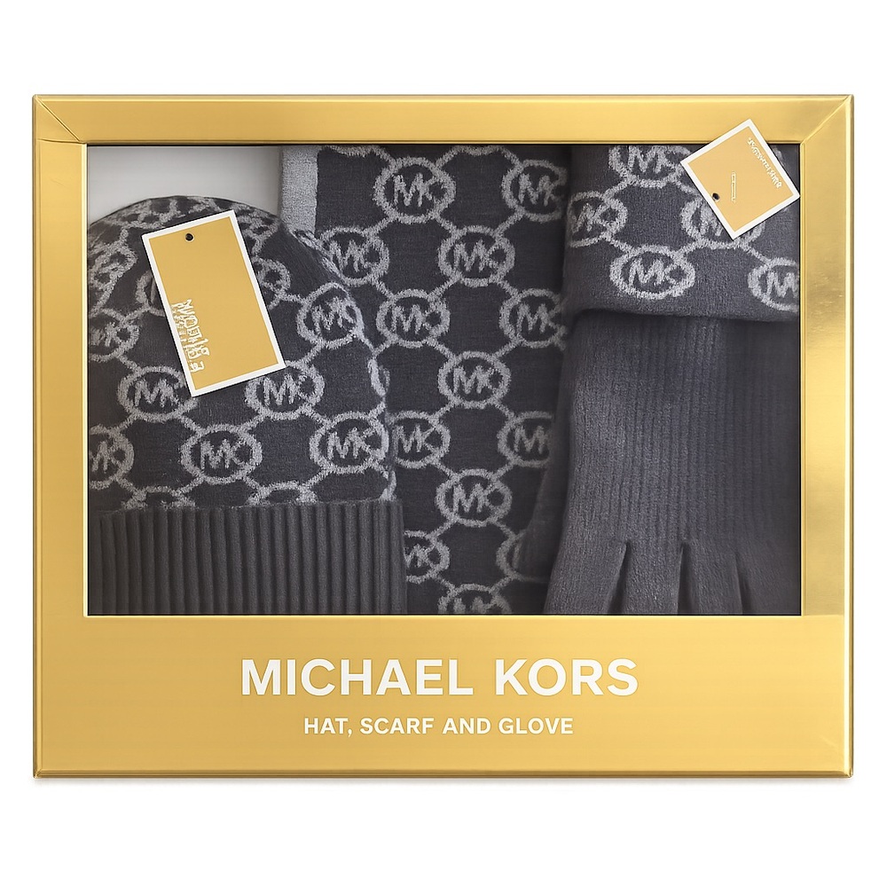 Michael Kors Black and Gray Hat, Scarf, and Glove Set